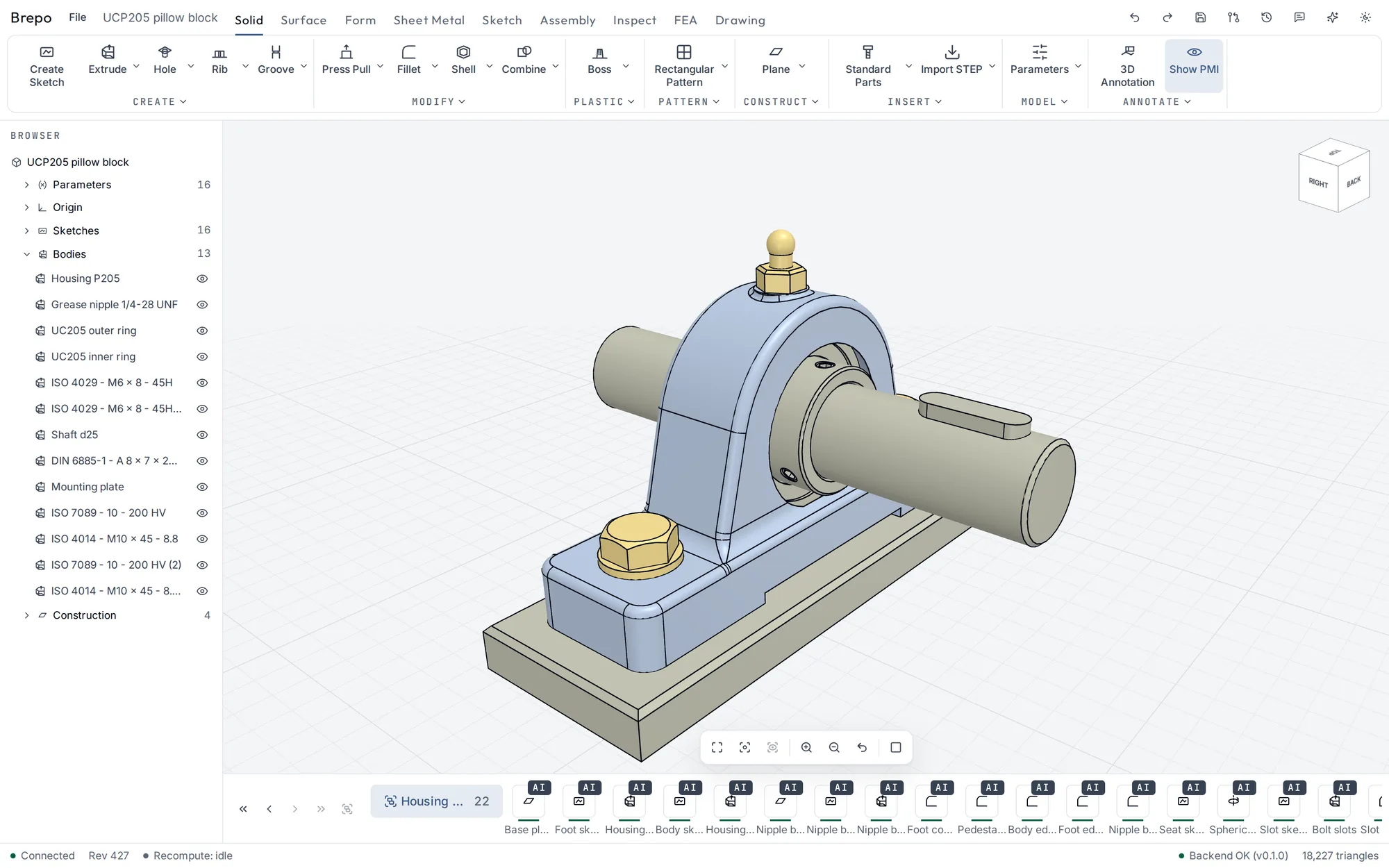 Brepo with a UCP205 pillow block bearing unit modeled from the catalogue dimensions: housing, insert bearing, shaft with key, standard bolts and washers